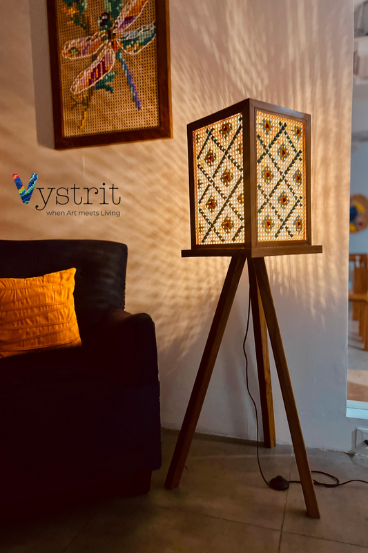 Tripod Teakwood Floor Lamp with Art