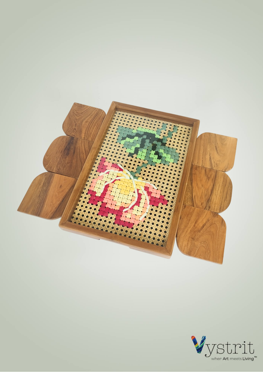 Lotus Bloom – Handcrafted Teakwood Tray with Lotus Art & Coasters