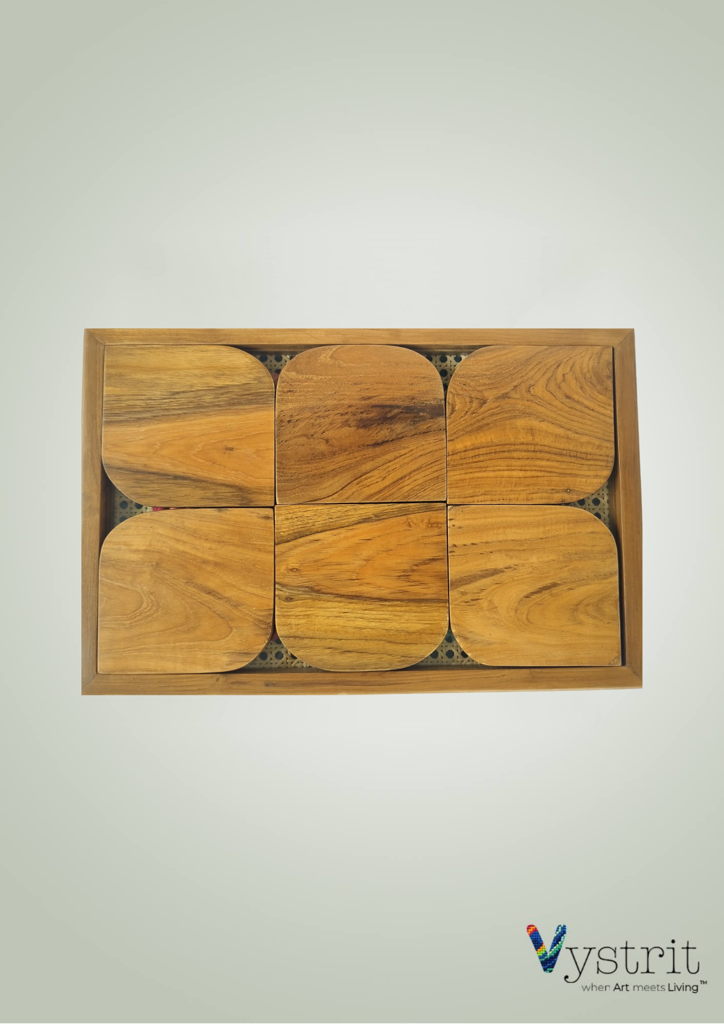 Lotus Bloom – Handcrafted Teakwood Tray with Lotus Art & Coasters