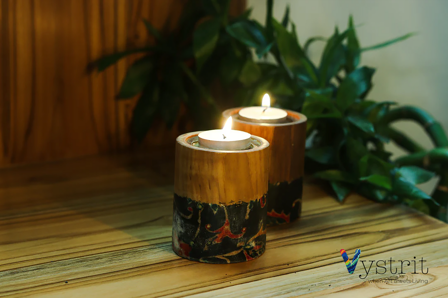 Set of 2 Teakwood Tealight Holder with Fabric