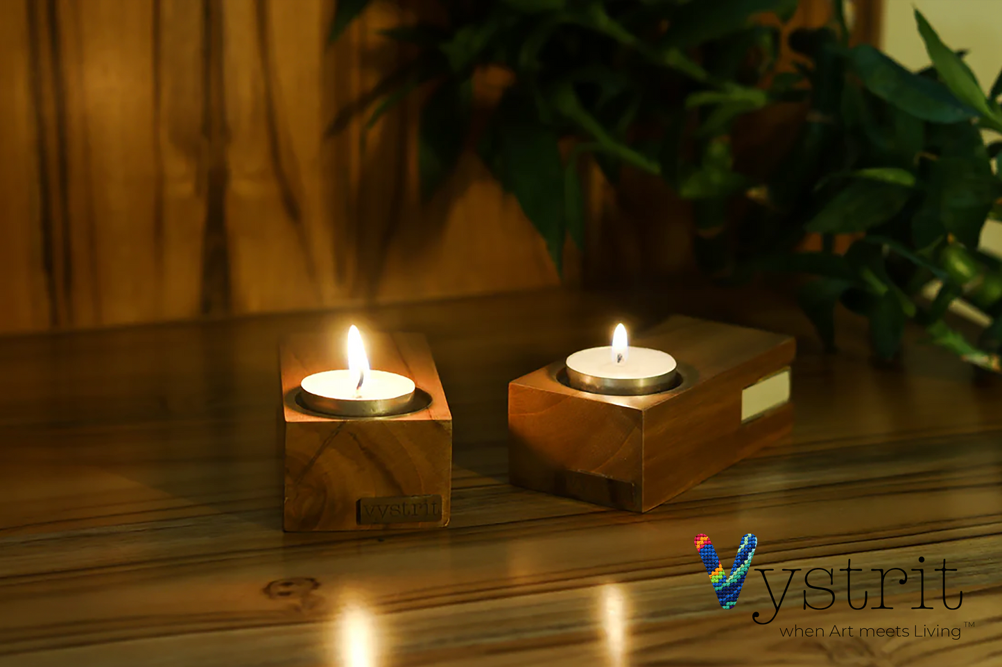 Set of 2 Teakwood Tealight Holder with Matchbox Slot