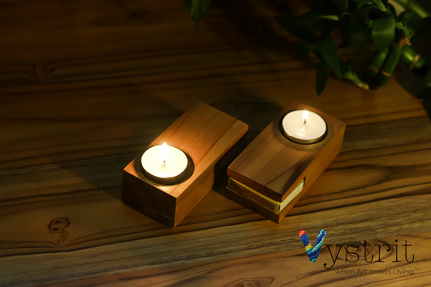 Set of 2 Teakwood Tealight Holder with Matchbox Slot