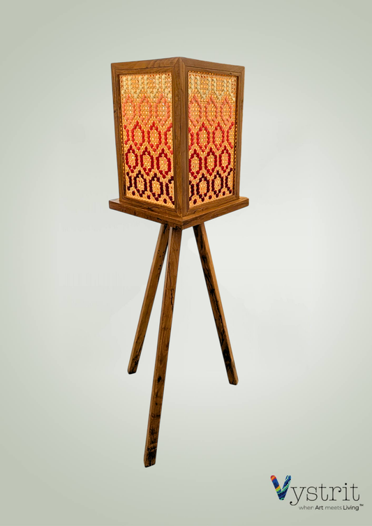 Tripod Teakwood Floor Lamp with Geometric Art