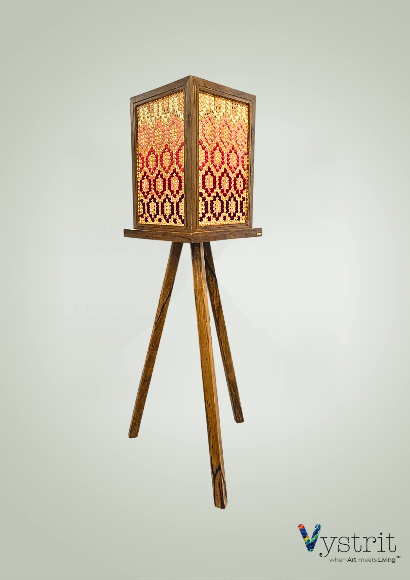 Tripod Teakwood Floor Lamp with Geometric Art
