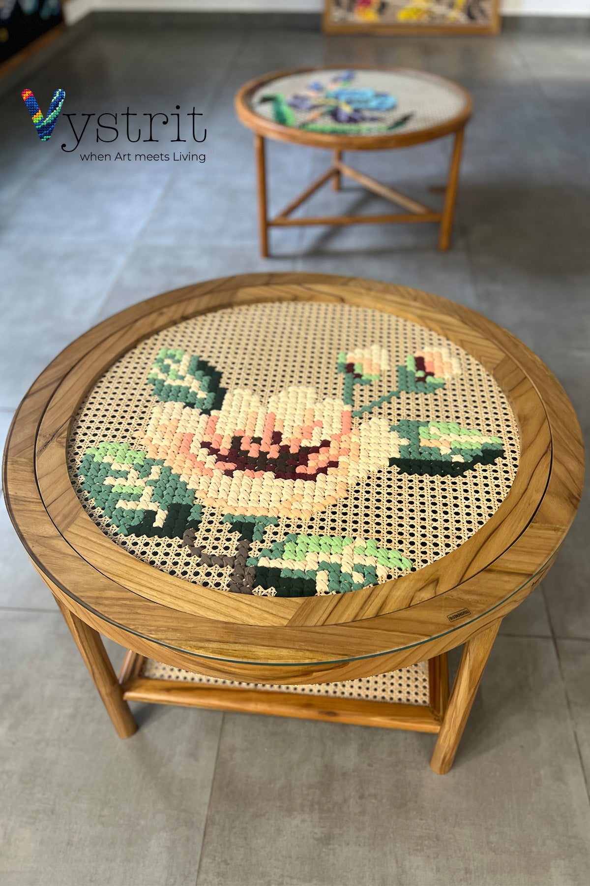 Round Coffee Table with Replacable Art - Cherry Blossom