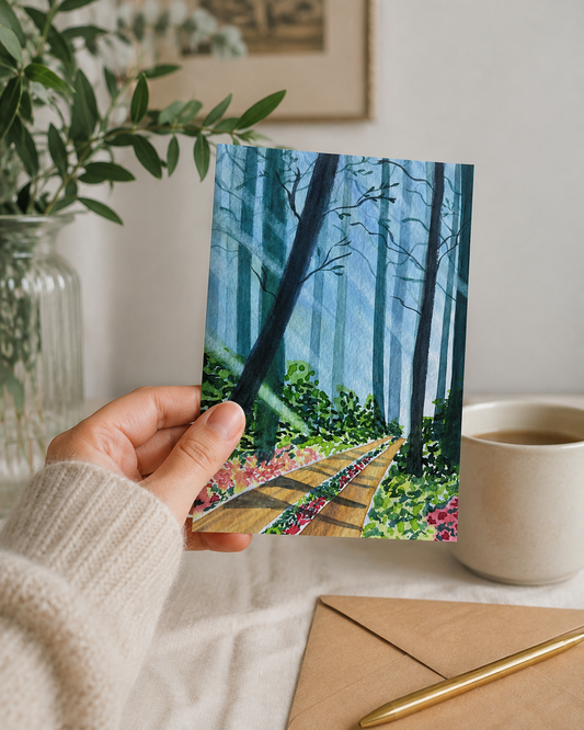 Sunlit Forest Path — A5 Art Greeting Card