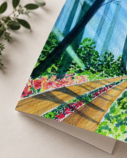 Sunlit Forest Path — A5 Art Greeting Card