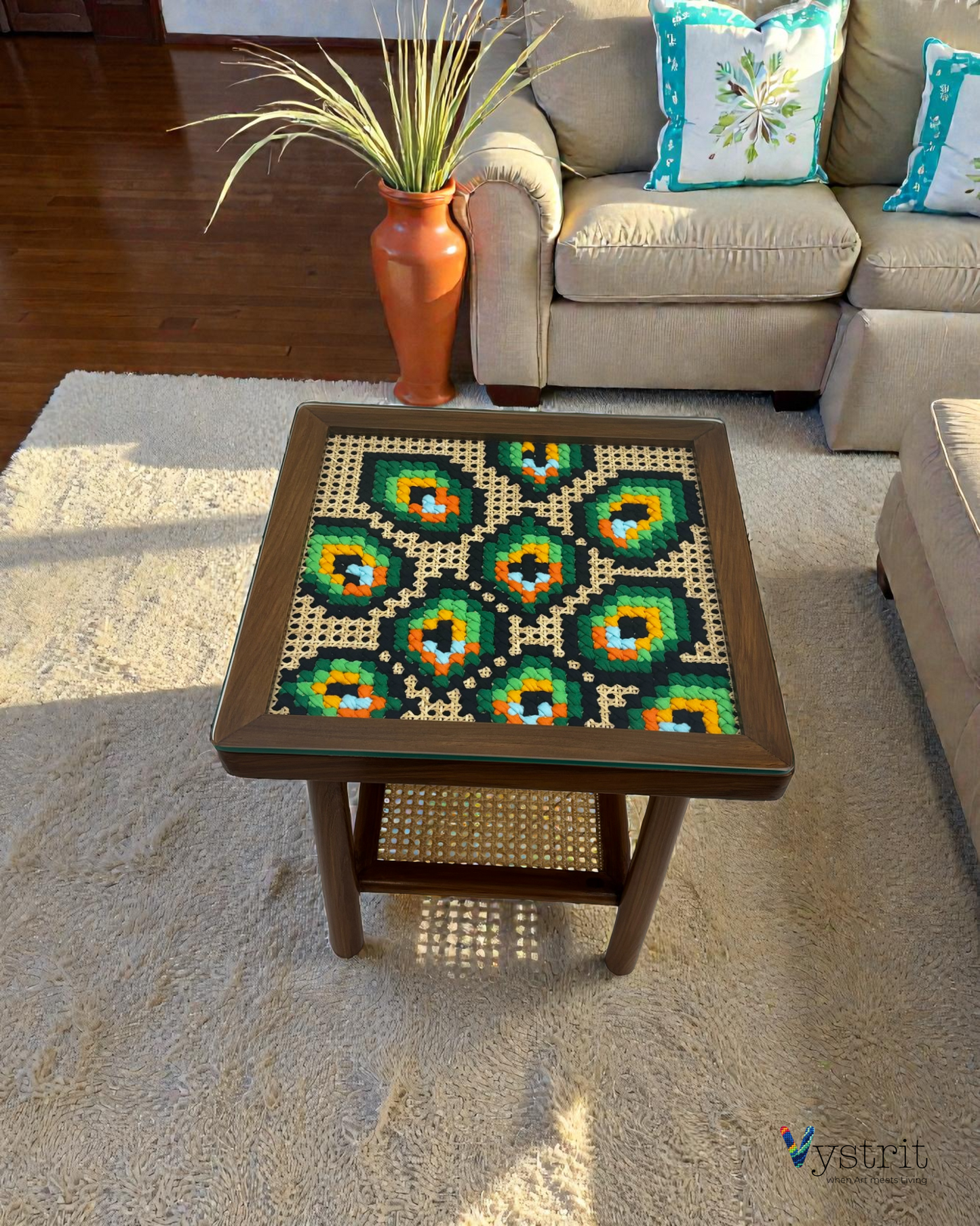 Coffee Table with Majestic Peacock Art - 18x18 inches