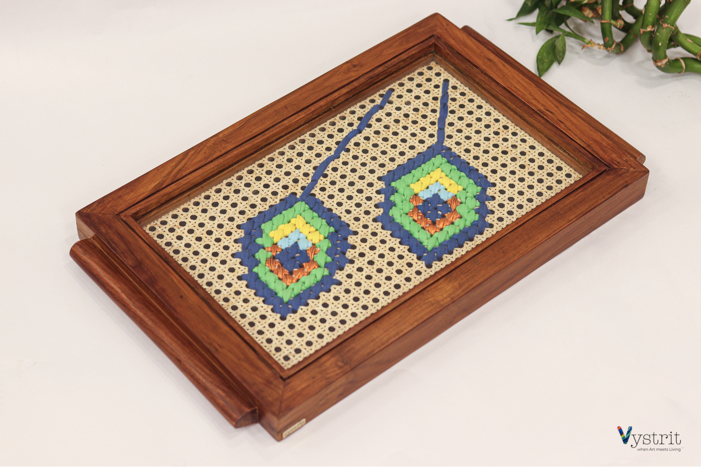 Teakwood Tray with Peacock Feathers Art