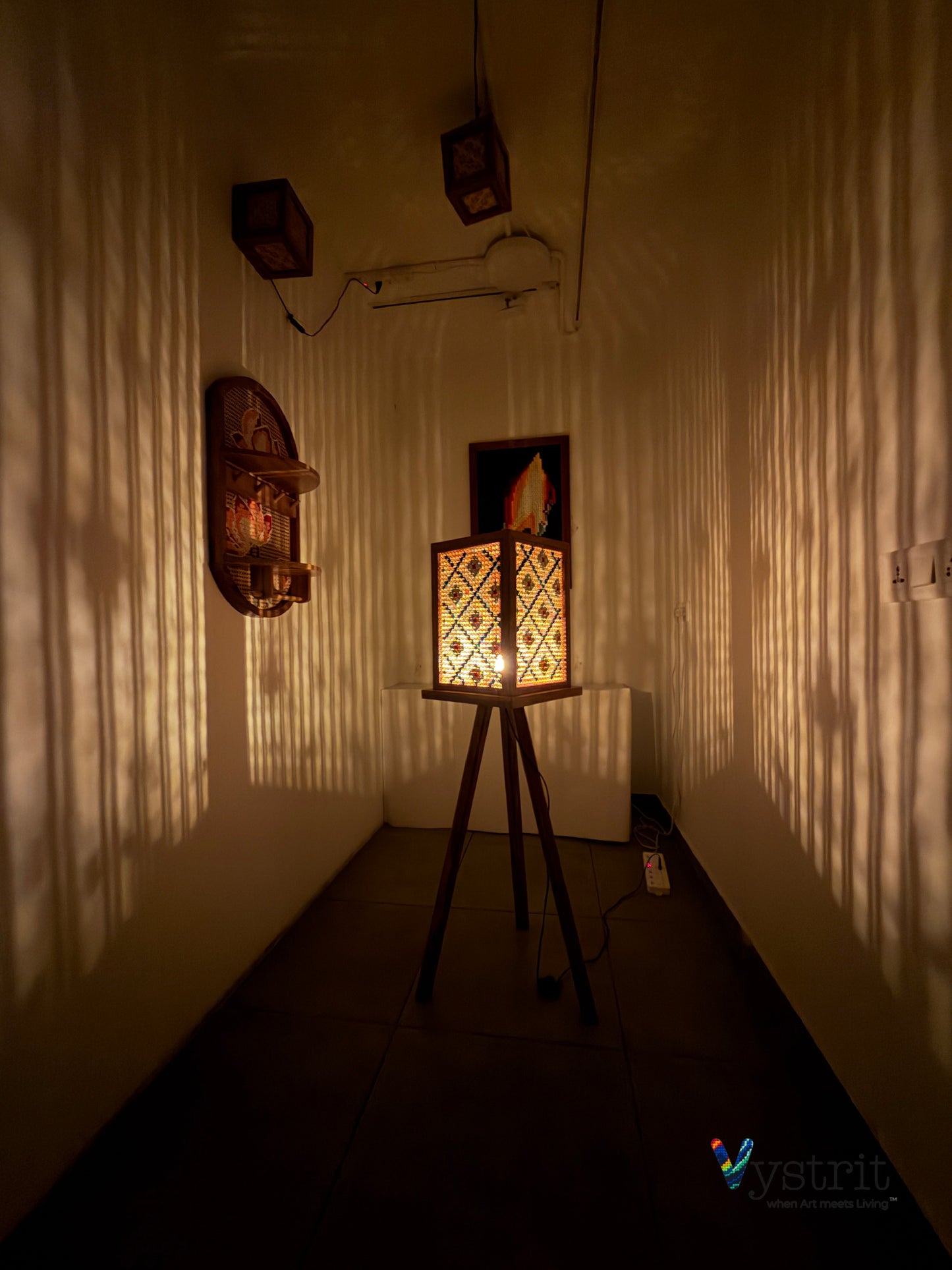 Tripod Teakwood Floor Lamp with Art