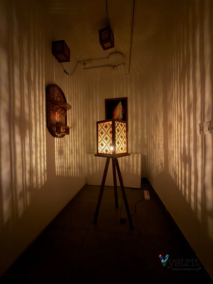 Tripod Teakwood Floor Lamp with Art