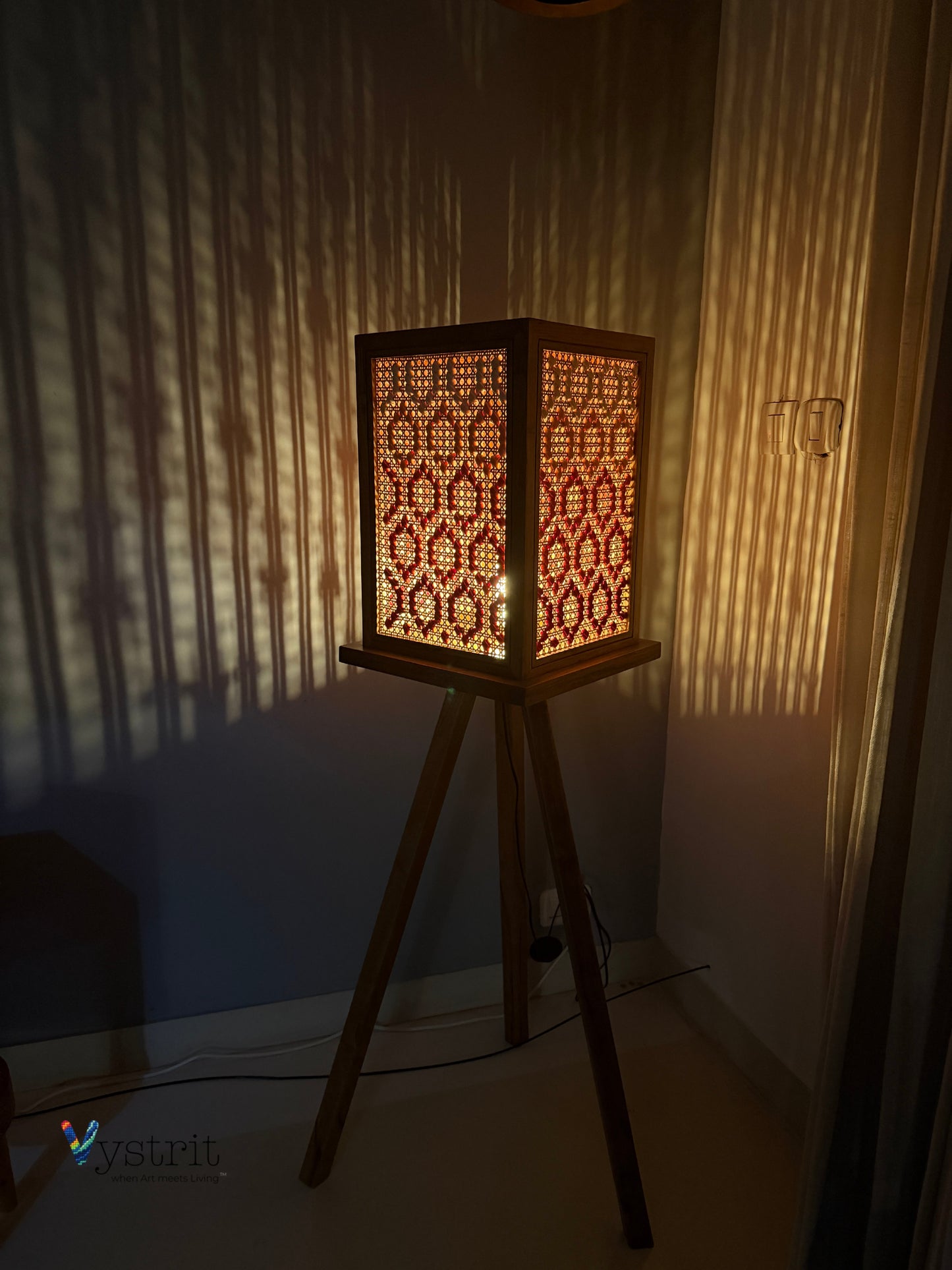Tripod Teakwood Floor Lamp with Geometric Art