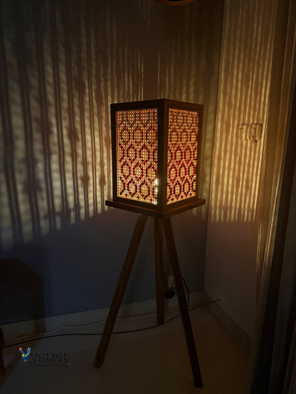 Tripod Teakwood Floor Lamp with Geometric Art