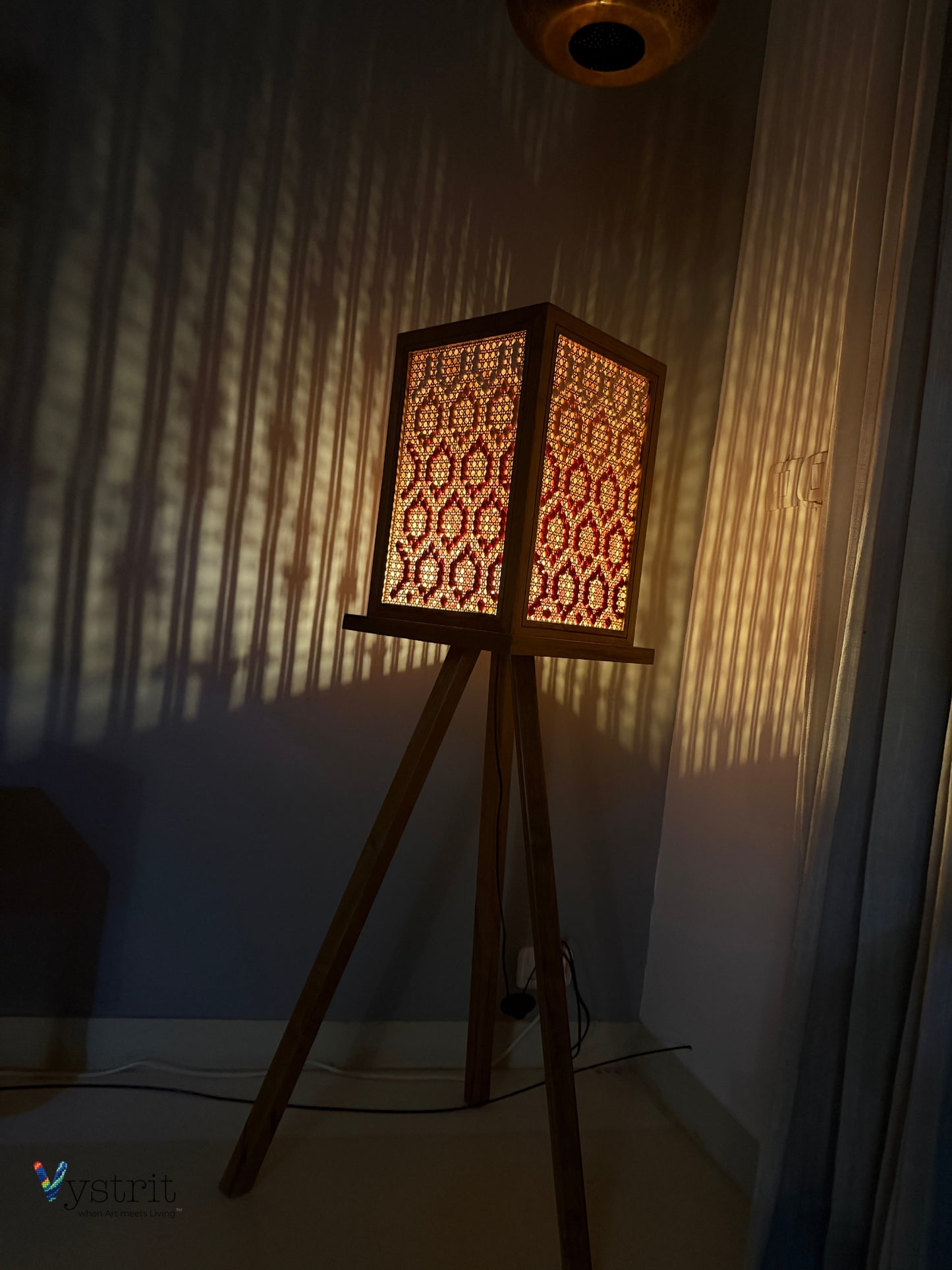 Tripod Teakwood Floor Lamp with Geometric Art