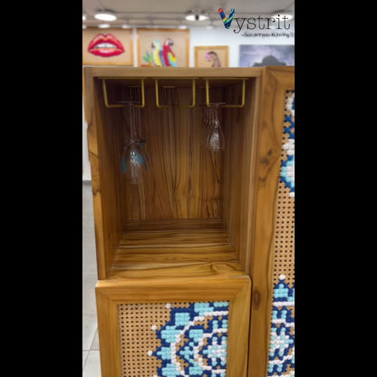 Wooden Bar Cabinet with Art (Blue & White Mandala)