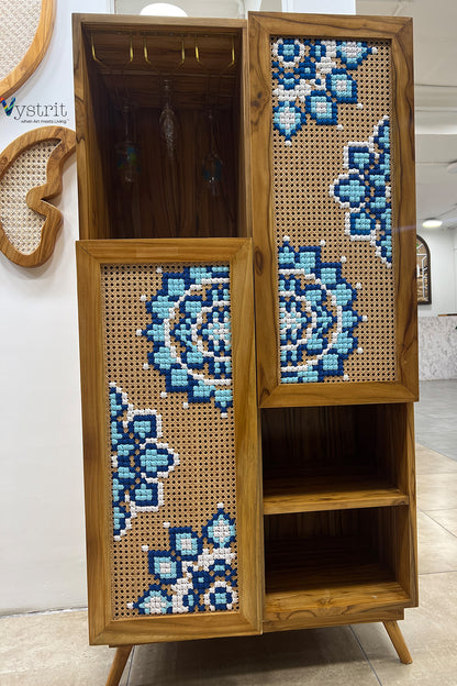 Wooden Bar Cabinet with Art (Blue & White Mandala)