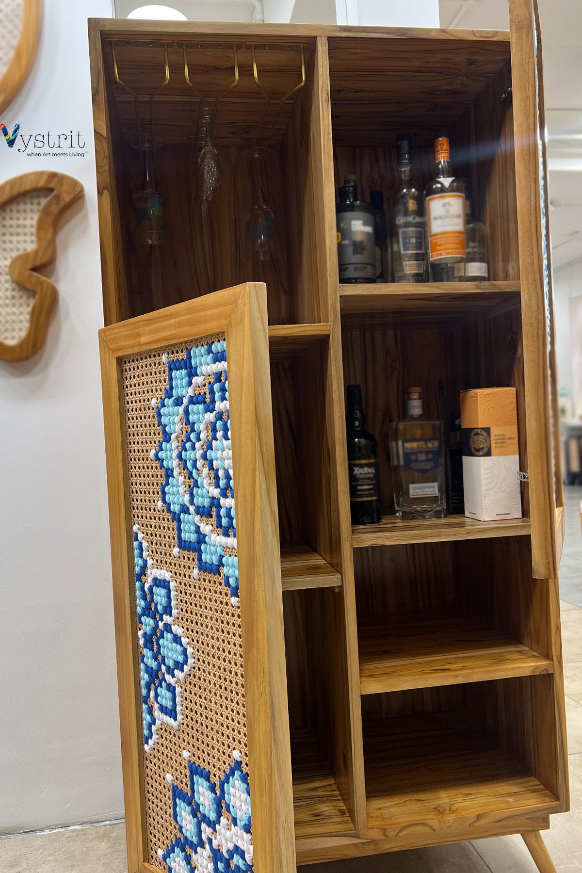 Wooden Bar Cabinet with Art (Blue & White Mandala)