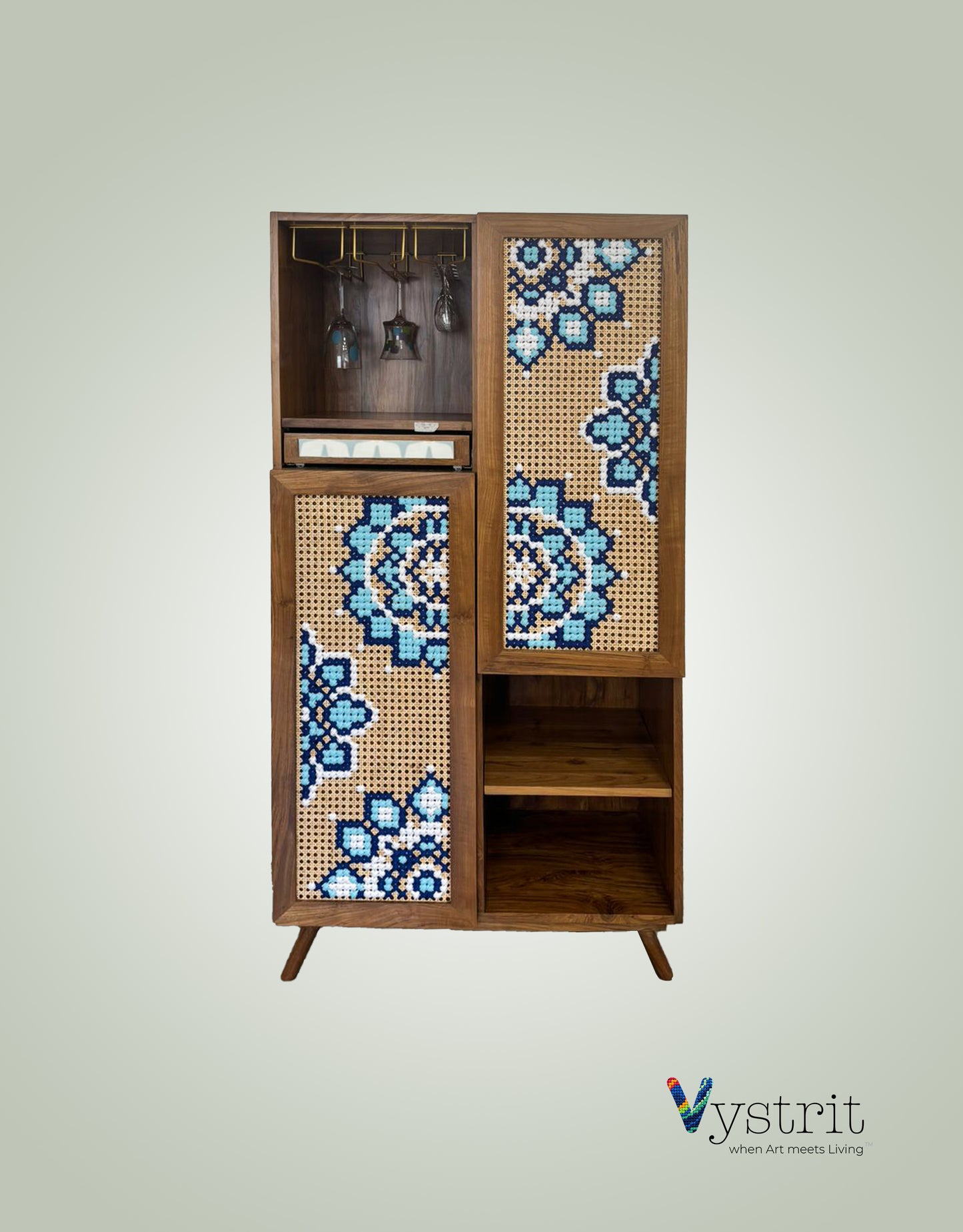 Wooden Bar Cabinet with Mandala Art and Slide out Mixing Tray